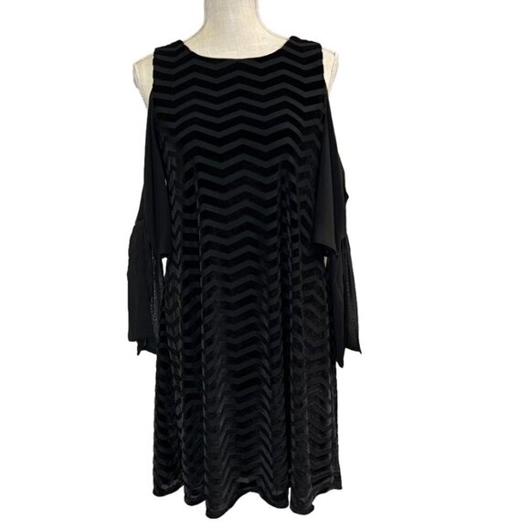 Women's Taylor Black Cold Shoulder Velvet Striped Chiffon Sleeve Dress, Size 8 - Picture 3 of 8